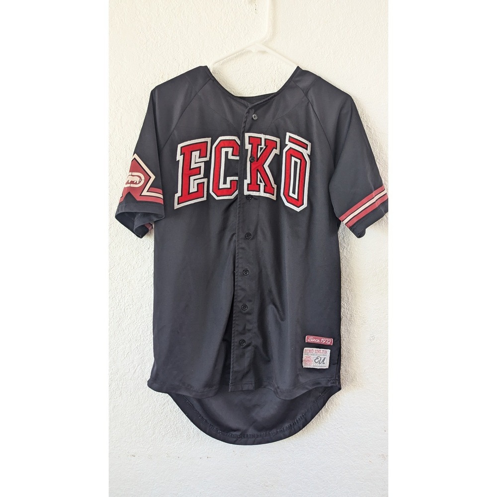 VINTAGE Y2k Ecko Baseball‎ Jersey Shirt Mens Size M Black Red Athletic Button Up